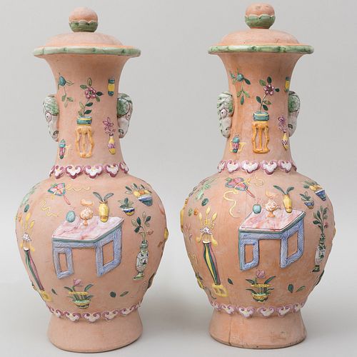 Pair of Painted Terracotta Chinoiserie Vases and Covers