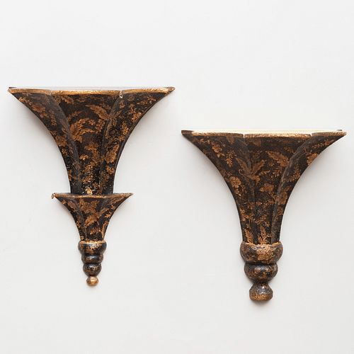 Near Pair of Gilt and Painted Composition Pagoda Form Wall Brackets