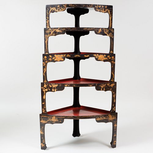 Five Japanese Black and Red Lacquer and Parcel-Gilt Stacking Tables