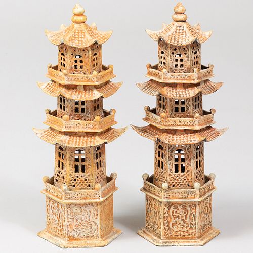 Pair of Chinese Painted Metal Pagodas, Modern