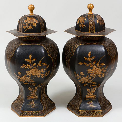 Pair of Black and Parcel-Gilt Chinoiserie Decorated TÃ´le Covered Urns, Modern
