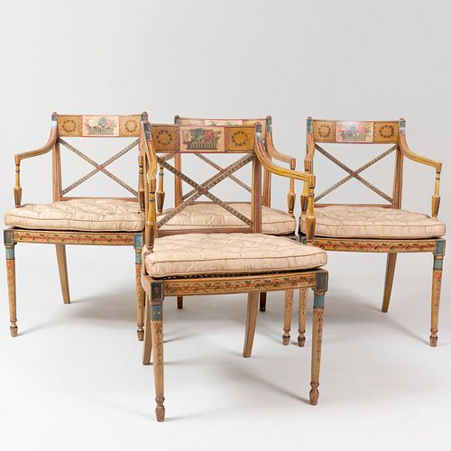 Set of Four George III Painted and Caned Armchairs