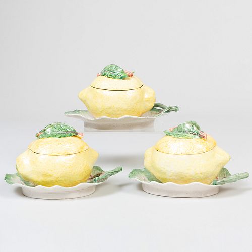 Three Vladimir Porcelain Lemon Form Boxes and Three Leaf Form Dishes