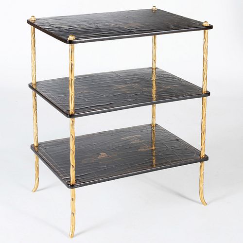 Gilt-Metal-Mounted Black Lacquer Three Tier Table, Modern