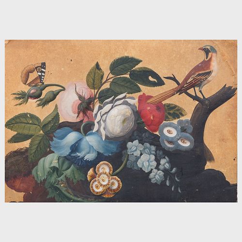 In the Manner of Samuel Dixon (?-1769): Flowers with Bird and Butterfly