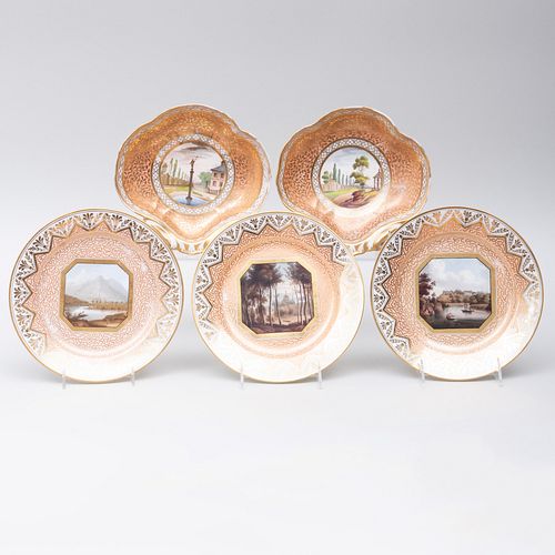 Three Chamberlains Worcester Topographical Peach Ground Porcelain Plates and a Pair of English Shell Shaped Dishes