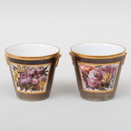 Pair of English Brown Ground Flower Painted Porcelain Cache Pots