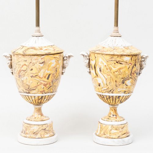 Pair of Agate Porcelain Urn Form Lamps on Marble Bases