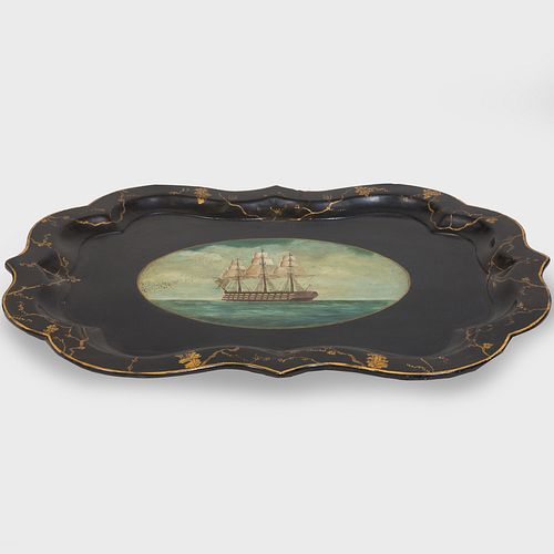 Victorian Black and Polychrome Painted and Parcel-Gilt Papier MÃ¢chÃ© Tray