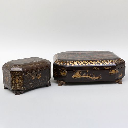 Chinese Export Lacquer Games Box and a Lacquer Tea Caddy