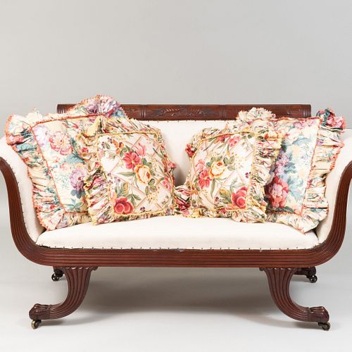 Four Chintz Upholstered Pillows with Ruffle Fringe