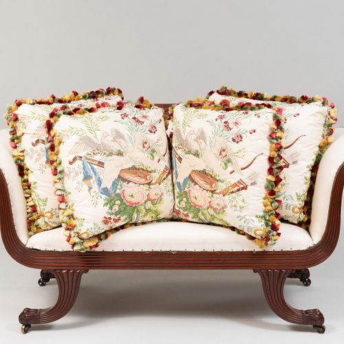 Four Chintz Pillows with Flower Filled Urns and Tassel Trim