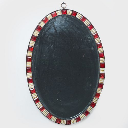 Irish Red and Gilded White Glass Oval Mirror