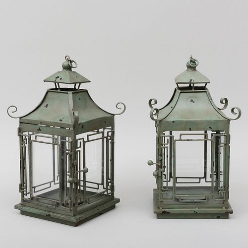 Pair of Green TÃ´le Painted Pagoda Form Lanterns, of Recent Manufacture