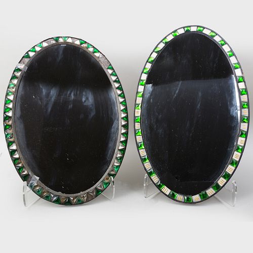 Two Irish Emerald Green and Faceted Glass Oval Mirrors