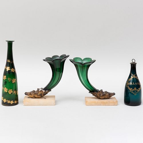 Pair of Victorian Gilt-Metal-Mounted Cut Glass Cornucopia Vases and Two Green Glass Decanters