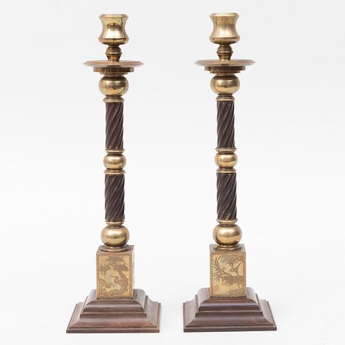 Pair of Brass and Composition Candlesticks with Chinoiserie Decoration