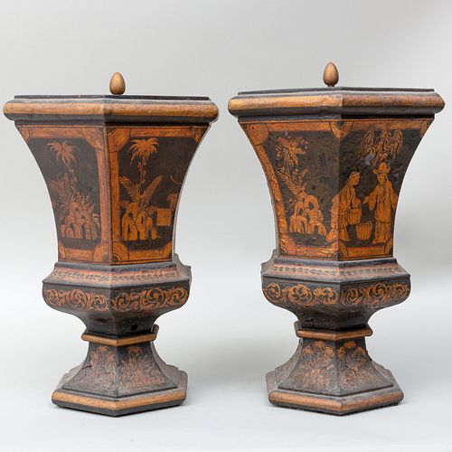 Pair of Chinoiserie Decorated TÃ´le Urns and Covers