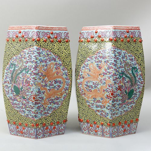 Pair of Chinese Porcelain Turquoise Ground Hexagonal Garden Seats