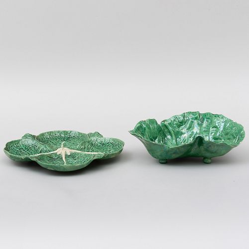 Portuguese Majolica Cabbage Form Platter and a Continental Majolica Cabbage Form Serving Bowl