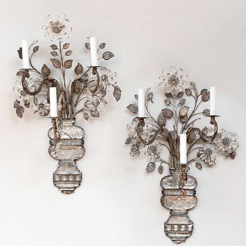 Pair of Bagues Style Mirror and Glass Three-Light Wall Lights