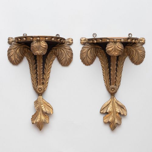 Pair of Late George III Style Giltwood Prince of Wales Plume Wall Brackets 
