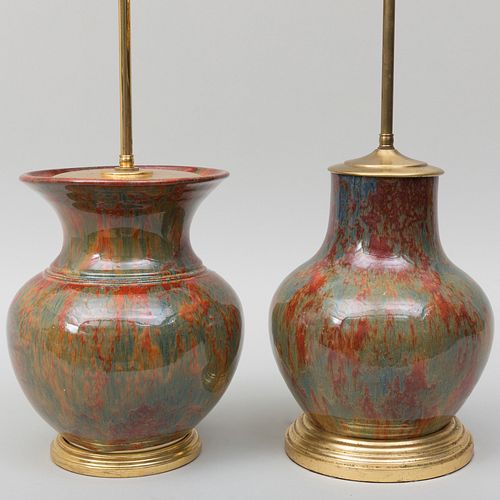 Two Mottled Glazed  Porcelain Vases Mounted as Lamps