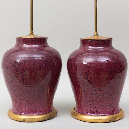Pair of Purple Speckle Glazed Porcelain Lamps