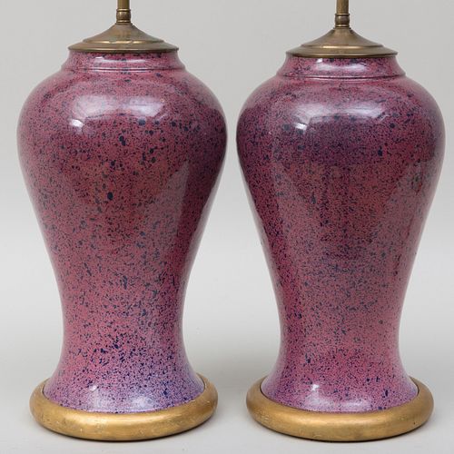 Pair of Purple Speckle Glazed Porcelain  Lamps