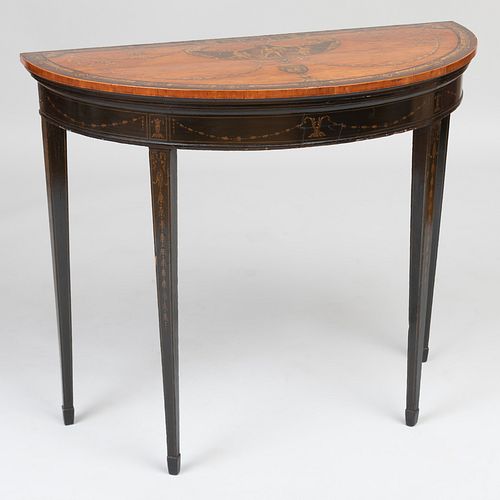 George III Painted Satinwood and Rosewood Banded D Shaped Console Table