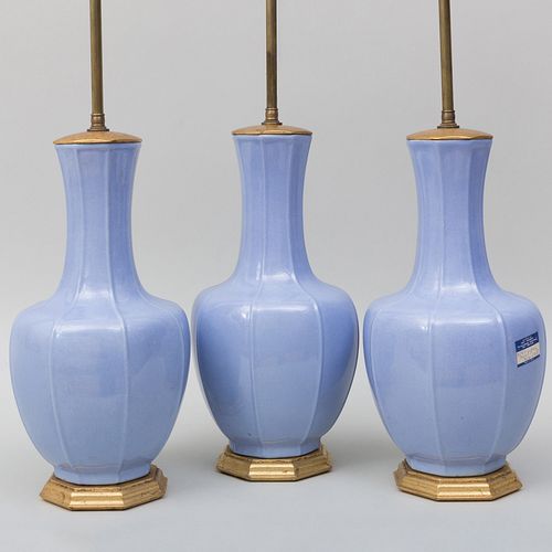Group of Three Lavender Glazed Porcelain Lamps