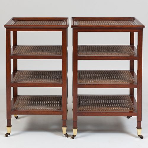 Near Pair of Four Tier End Tables with Caning, Modern
