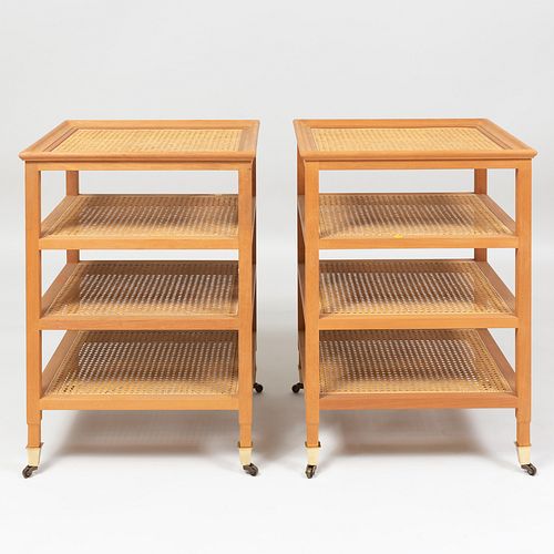 Pair of Wood and Caned Four Tier End Tables, Modern