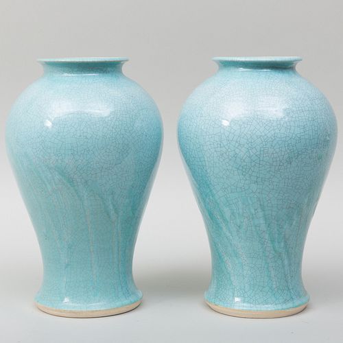 Pair of Walter Yovaish Blue Craquelure Porcelain Baluster Vases