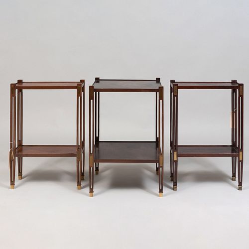 Group of Three Brass Inlaid Mahogany Two Tier Side Tables, Possibly Scottish, Modern