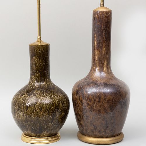 Two Chinese Mottle Glazed Porcelain Bottle Vases Mounted as Lamps