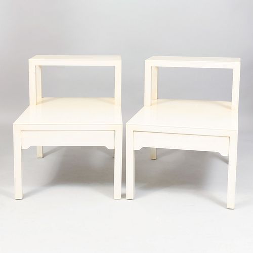 Pair of Ivory Colored Two Tier Bedside Tables, Modern