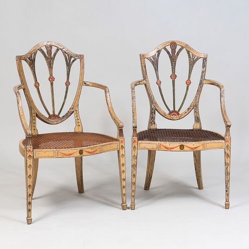 Pair of George III Painted and Caned Elbow Chairs