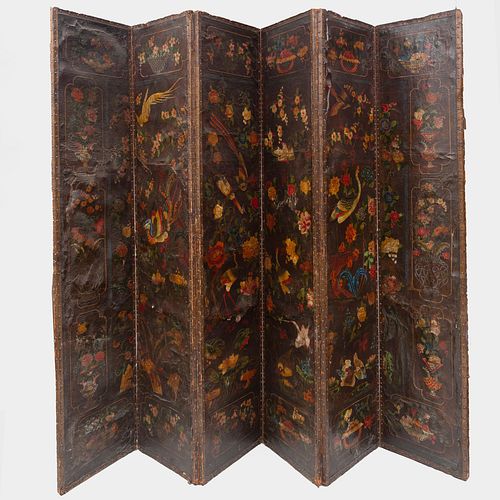 Dutch Polychrome Painted Leather Six Panel Screen