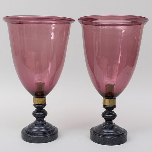 Pair of Alabaster Stands and a Pair of Amethyst Glass Photophores Shades