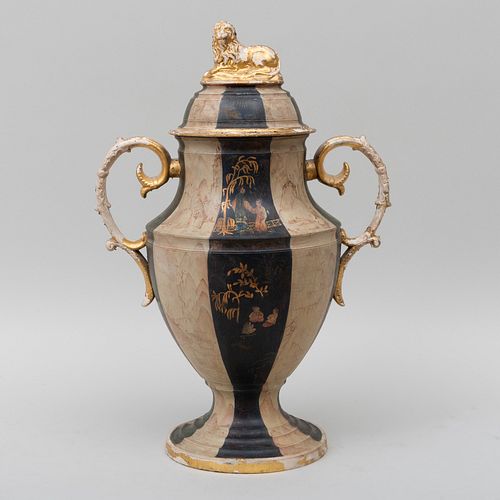 Regency Faience Painted and Parcel Gilt Urn and Cover