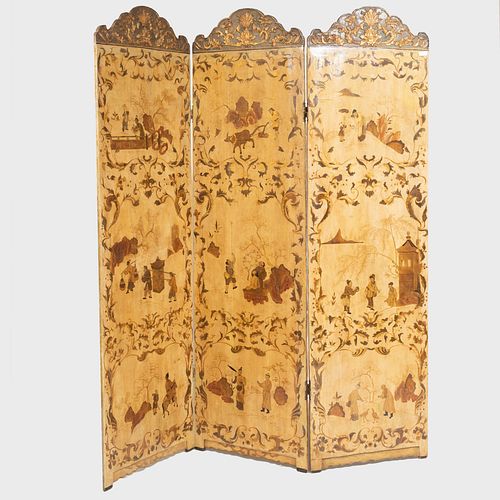 Chinese Export Cream Lacquer and Parcel-Gilt Three Panel Screen
