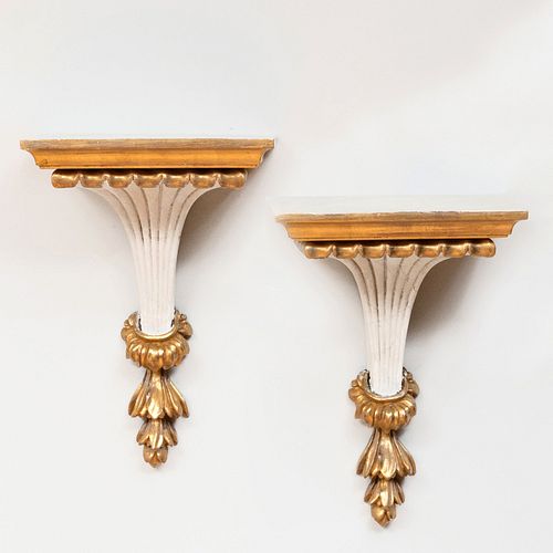Pair of Continental Grey Faux Painted and Parcel-Gilt Brackets