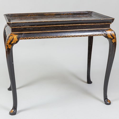 Queen Anne Style Black Lacquer and Parcel-Gilt Tray Top Tea Table