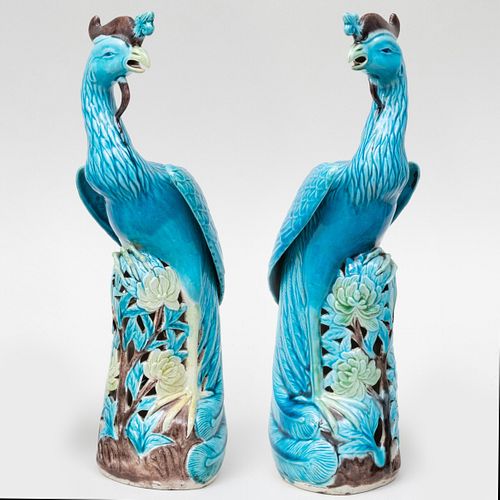 Pair of Chinese Porcelain Turquoise and Aubergine Glazed Models of Phoenixes