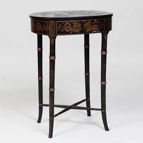 Victorian Black Lacquer and Parcel-Gilt Work Table