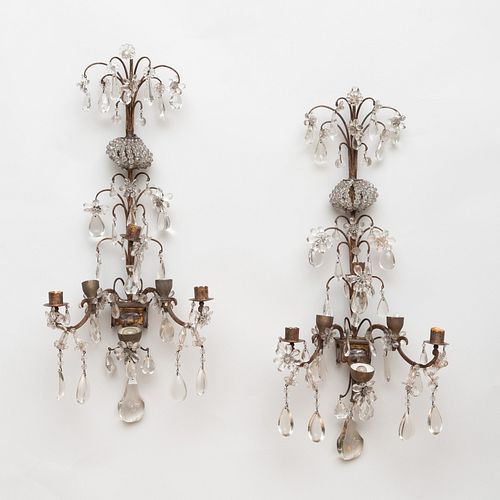 Pair of Gilt-Metal and Cut Glass Three Light Wall Sconces, in the manner of Bagues