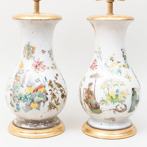 Pair of Decoupage White Ground Lamps