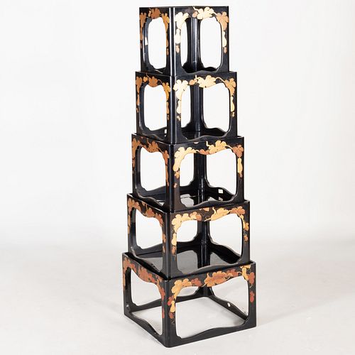 Japanese Black Lacquer and Parcel-Gilt Five Tier Stacking Tables