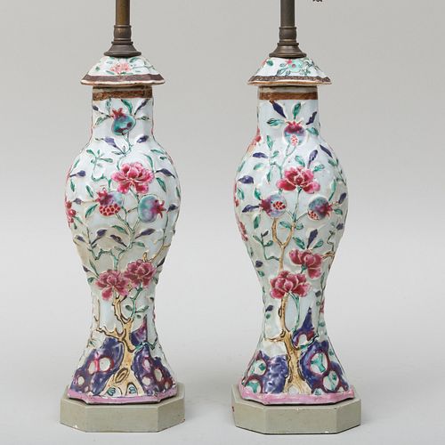 Pair of Small Chinese Export Famille Rose Porcelain  Jars and Covers Mounted as Lamps
